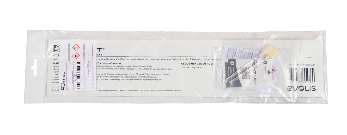 Evolis ACL010 - Advanced Cleaning Kit - 2 T Cards,  2 Adhesive Cards with 2 Adhesive-Free Zones, 2 Swabs