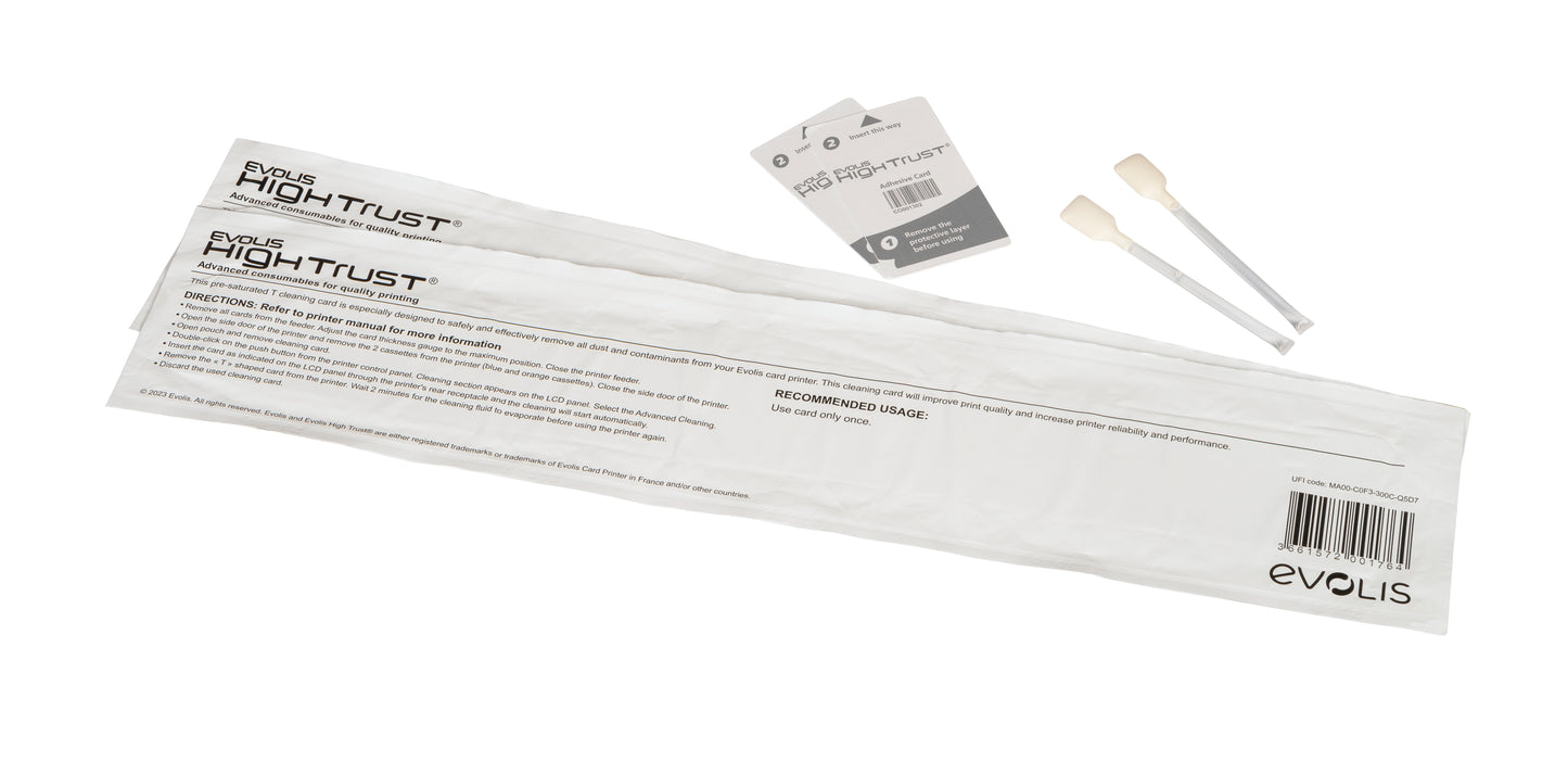 Evolis ACL010 - Advanced Cleaning Kit - 2 T Cards,  2 Adhesive Cards with 2 Adhesive-Free Zones, 2 Swabs