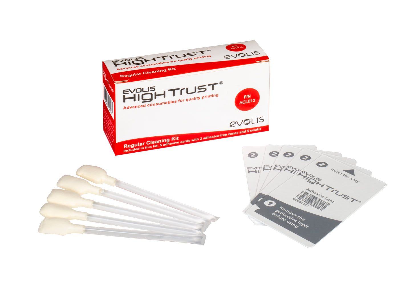 Evolis ACL013 Regular Cleaning Kit - 5 Adhesive Cards with 2 Adhesive-Free Zones, 5 Swabs